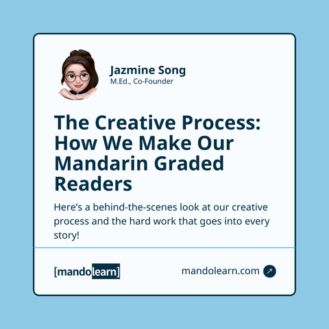 Graphic titled ‘The Creative Process: How We Make Our Mandarin Graded Readers’ featuring Jazmine Song’s avatar, highlighting the behind-the-scenes work on MandoLearn graded readers. Includes MandoLearn logo and website on a blue background.