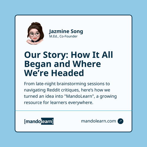 Graphic titled ‘Our Story: How It All Began and Where We’re Headed’ featuring Jazmine Song’s avatar, highlighting the journey behind MandoLearn graded readers. Includes MandoLearn logo and website on a blue background.