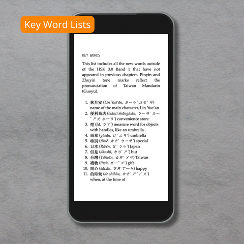 mage showing a smartphone displaying a ‘Key Word Lists’ page from a Chinese graded reader. The list includes new vocabulary with characters, pinyin, and zhuyin tone marks, reflecting Taiwan Mandarin pronunciation.
