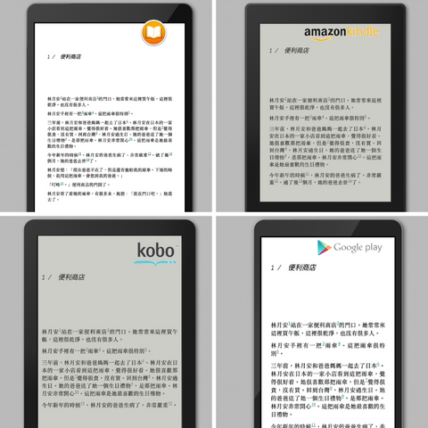 Image showing a Chinese graded reader displayed on four different e-reading platforms: Apple Books, Amazon Kindle, Kobo, and Google Play. Each platform’s interface is depicted on a tablet screen, highlighting the reader’s availability across multiple eBook formats.
