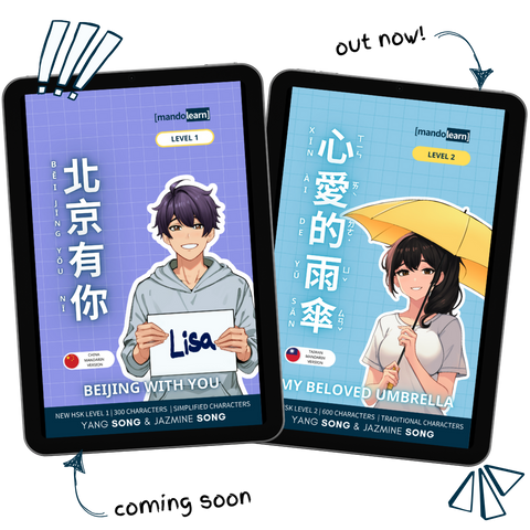 Two MandoLearn Chinese graded readers displayed on tablets: ‘Beijing With You’ (Level 1, simplified characters) and ‘My Beloved Umbrella’ (Level 2, traditional characters), showcasing engaging stories for Mandarin learners.